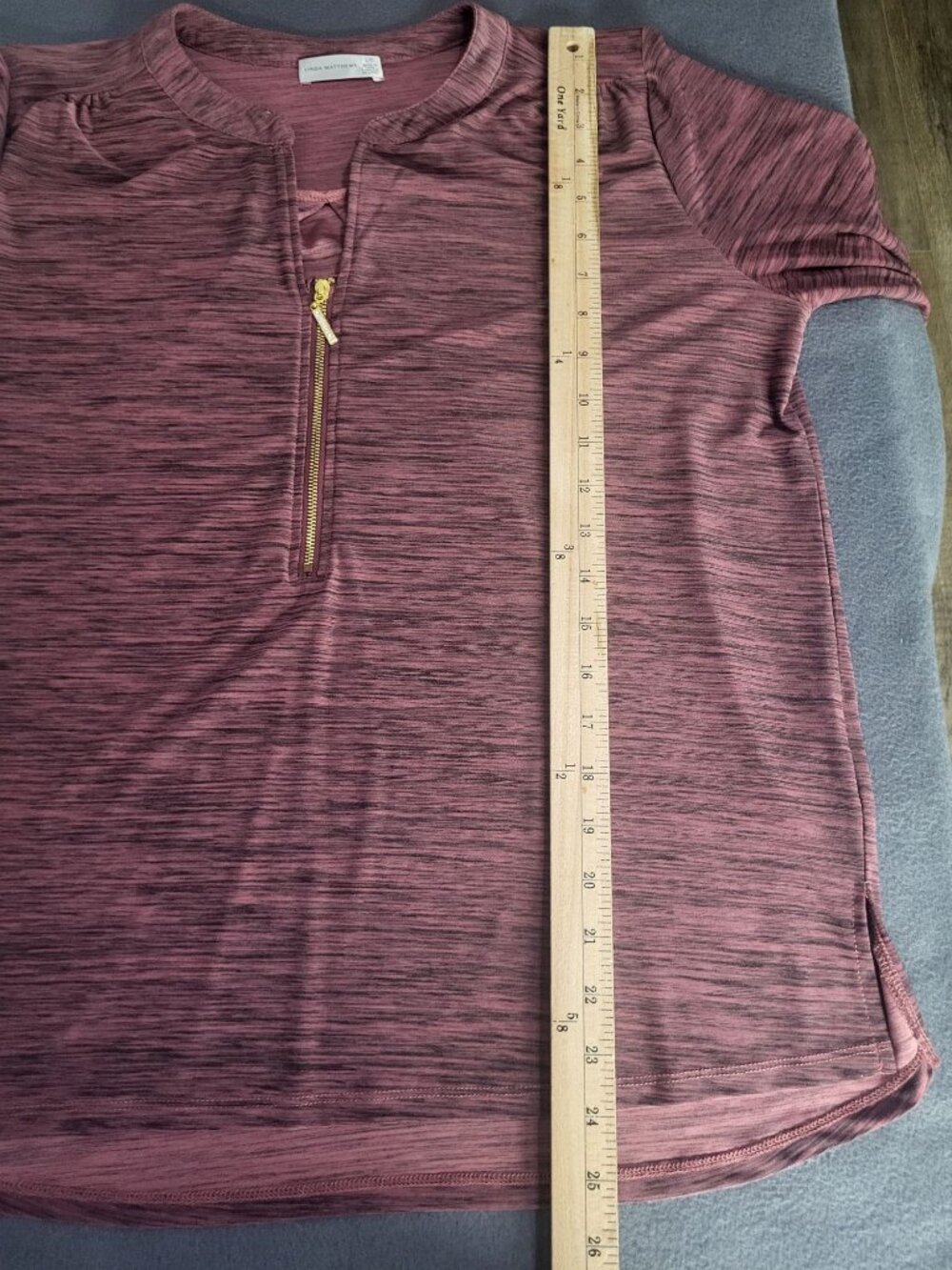 Linda Matthews SZ LG Roll Tab Sleeve Blouse Top Space Dye Heathered Partial Zip - Picture 4 of 8